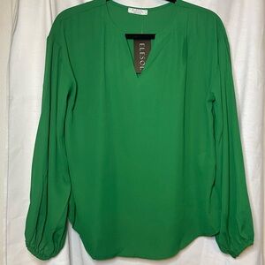 NWT Elesol Green Flowy Long Elastic Sleeves Semi Sheer Vneck Blouse Top Size S